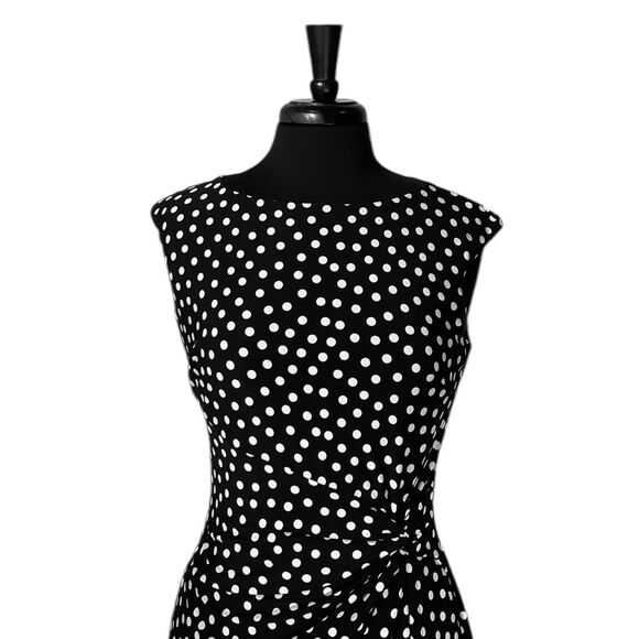Chaps Ralph Lauren Women's Dress Black White Polka Dot Faux Wrap Party Sheath M - Picture 5 of 8